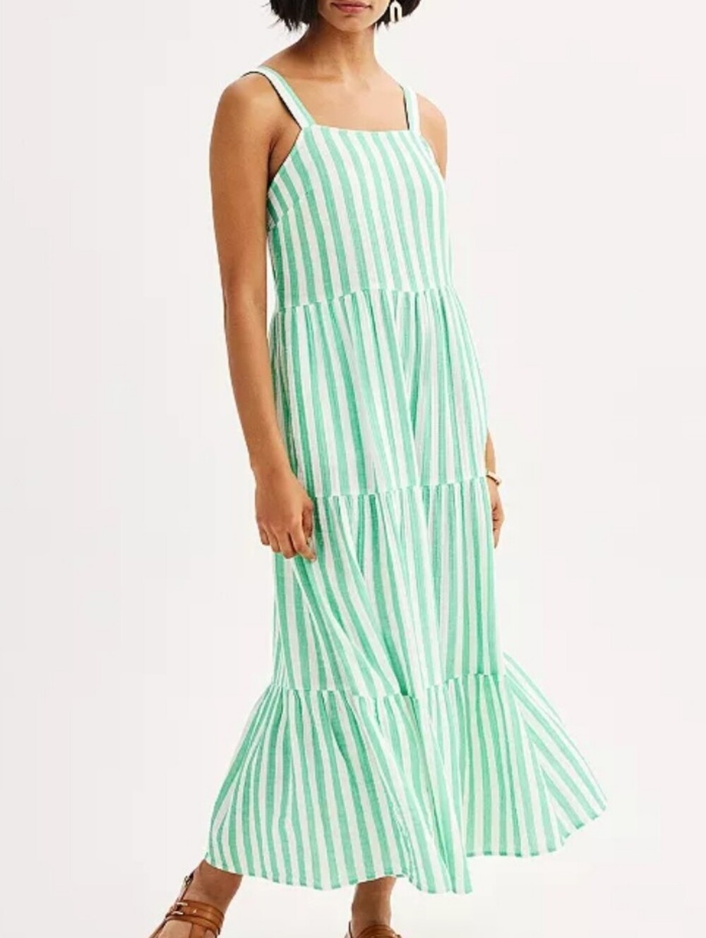 Striped Green & White Maxi Dress - Sleeveless Tiered Sundress